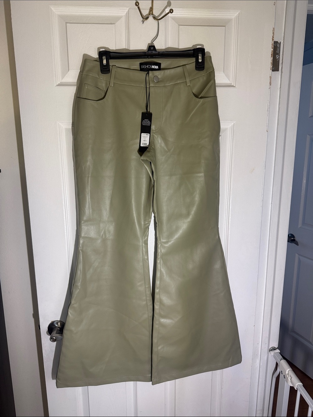 Fashion Nova Sage Green Faux Leather Flared Pants